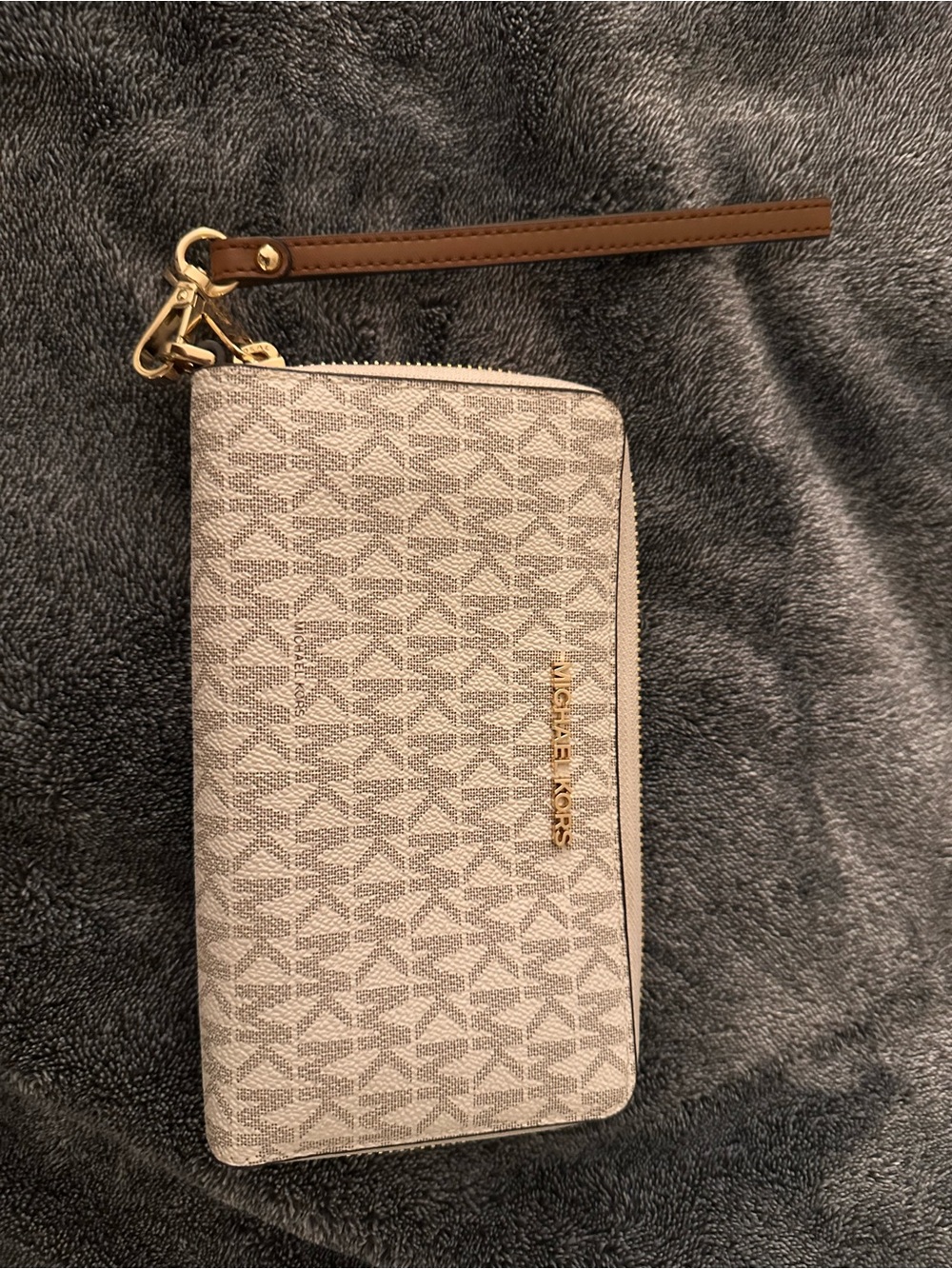 Michael Kors Beige Monogram Zip Wristlet with Brown Strap